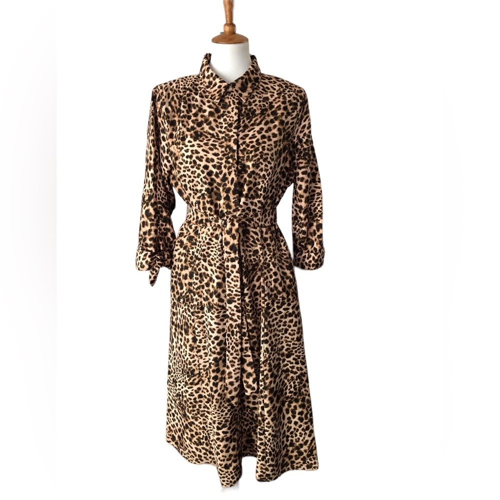 Calvin Klein Womens 12 Leopard Print 3/4 Sleeve Polyester Dress Button Tie Front